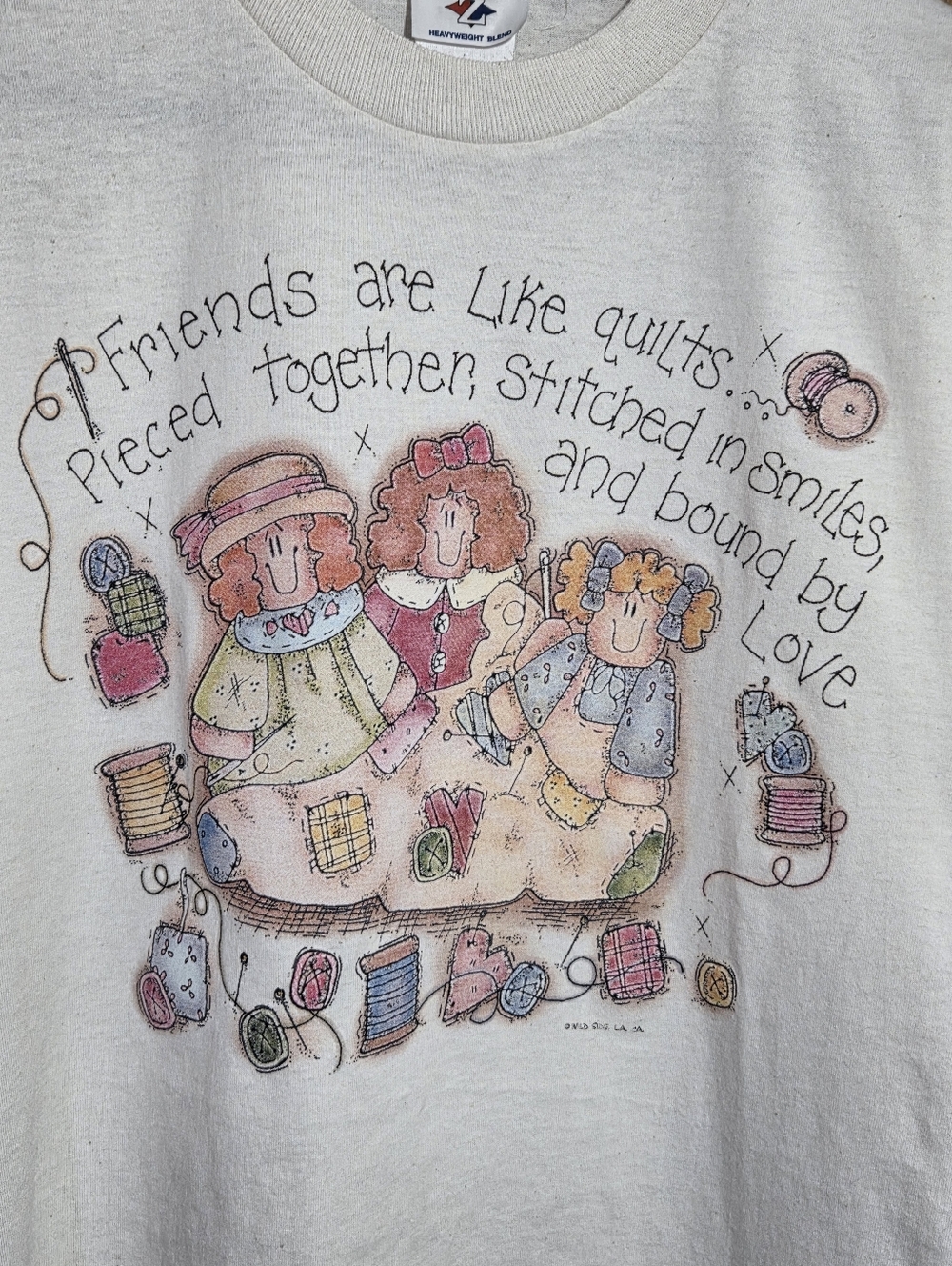 White T-Shirt "Friends are like quilts...pieced together" 3 Ladies Sewing Large
